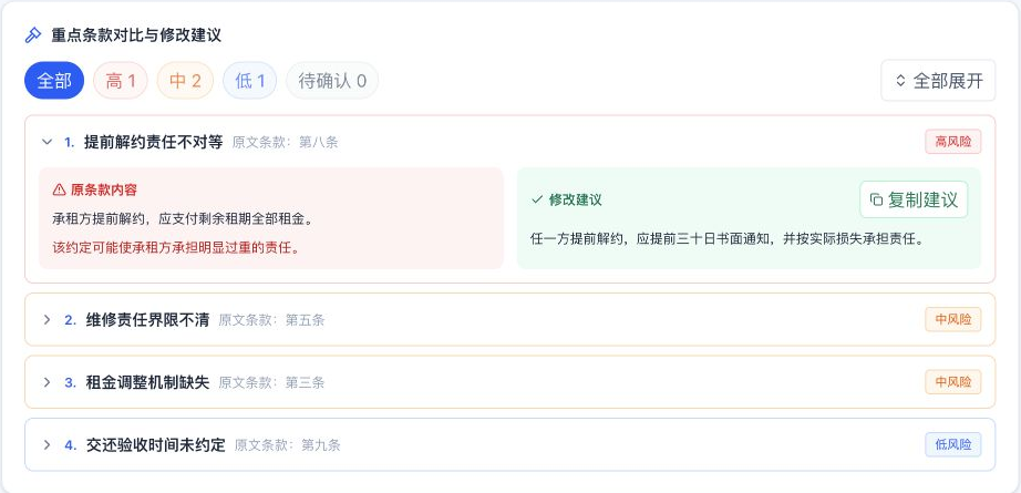 合同审查卡片的风险筛选、原文与修改建议界面；使用演示案件数据